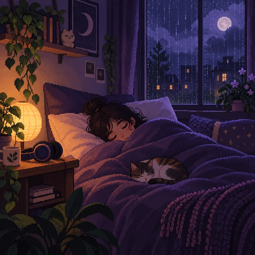 Cozy moonlit bedroom with a sleeping listener and cat